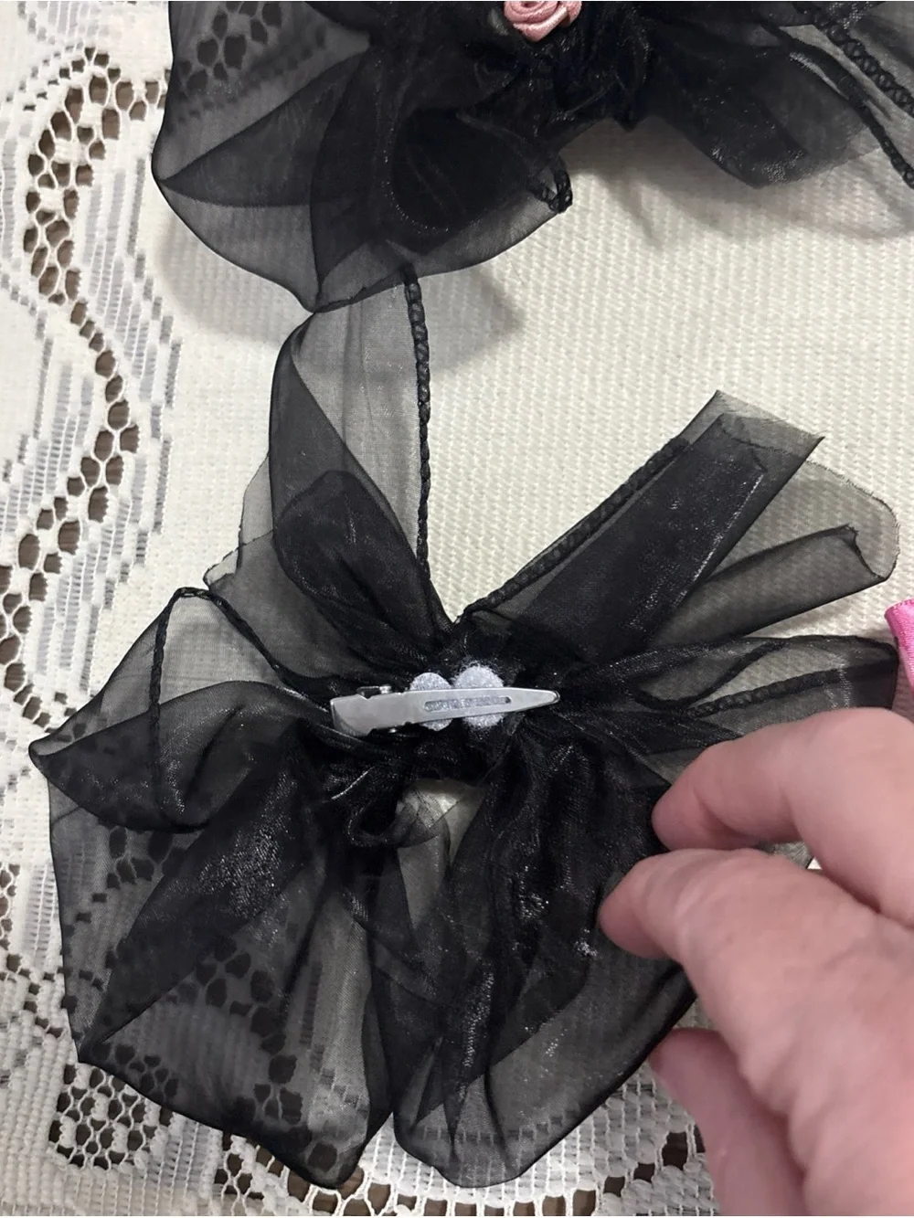 Kids Hair Bow Set - Black Organza Bows with Pink Rose Print Accents